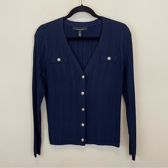 White House Black Market Navy Slinky Long Sleeve Snap Front Cardigan Size M - Picture 4 of 14